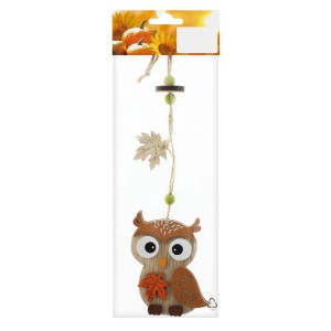 Decorazione autunnale da appendere, gufo in legno marrone 7x26cm con foglia e perline.