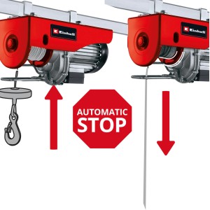 Treuil électrique Einhell TC-EH 500 avec câble métallique, crochet de charge et panneau rouge "Automatic Stop".