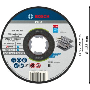 Disco da taglio Bosch X-Lock Standard for Inox, Ø 125 mm. Disco grigio per smerigliatrici angolari con etichetta Bosch PRO.