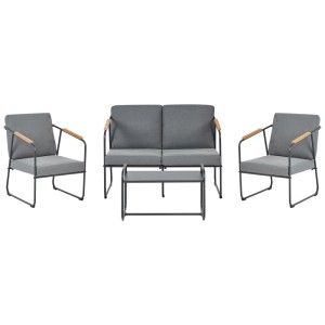 Ensemble lounge Vezzana en acier gris 4 pièces avec accoudoirs en teck, composé de deux fauteuils, d'un canapé et d'une table.
