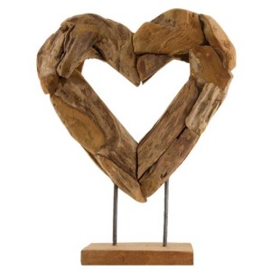 Figura decorativa a cuore in legno di teak su base, 38x48x12cm, decorazione rustica per interni ed esterni.
