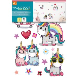 Wandsticker Set Colourful Unicorns Gr. L mit Einhörnern, Regenbogen, Sternen und Blumen.