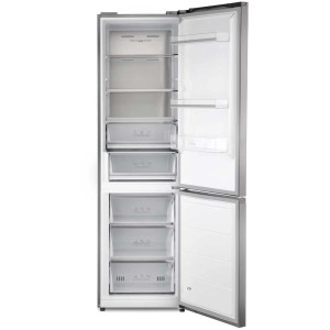Offener Kombi-Kühlschrank in Edelstahl-Optik mit Fächern und Schubladen.