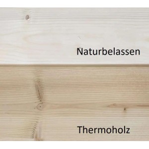 Gros plan : sauna tonneau Finntherm Carrie, comparaison du bois d'épicéa naturel et du bois thermique.