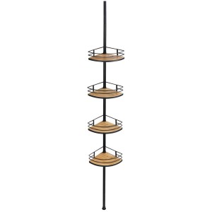 Étagère d'angle télescopique Wenko Dolcedo, noire avec 4 tablettes en bambou. Étagère télescopique pratique pour douche et salle de bain.