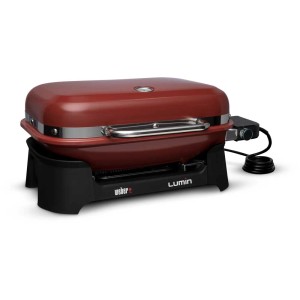 Grill elettrico Weber Lumin rosso con coperchio e indicatore di temperatura. Ideale per balconi e terrazze.