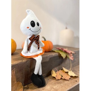 Decorazione Halloween: Fantasma bianco da appoggio con papillon arancio-nero, altezza 53 cm.