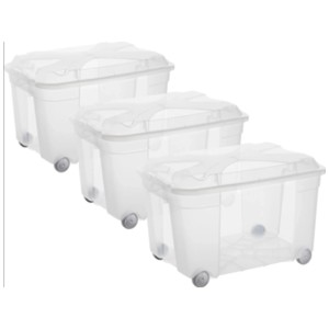 3 transparente Rotho Aufbewahrungsboxen Roller4 Easy, 57 l, mit Rollen und Deckel.