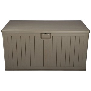 Coffre de rangement Oslo L, 570 l, taupe, en plastique aspect bois. Pour coussins de meubles de jardin.