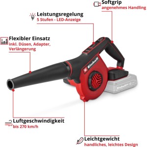 Einhell Akku-Bläser TE-CB 18/270 Li, rot-schwarz, mit langem Rohr und Akku. 5 Leistungsstufen, Softgrip, 270 km/h Luftgeschwindigkeit.
