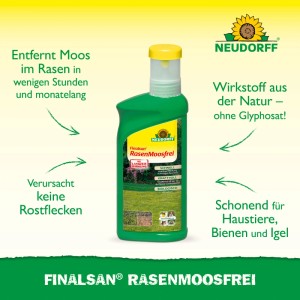 Neudorff Finalsan Rasen-Moosfrei 500 ml: grüne Flasche mit gelbem Deckel. Moosvernichter für Rasen, schnell wirkend, ohne Rostflecken.