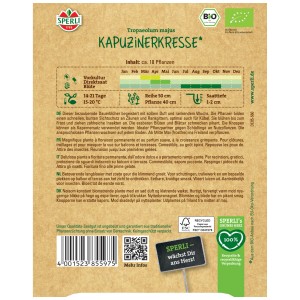 Graines de capucine bio pour env. 18 plantes, graines Sperli pour fleurs colorées.
