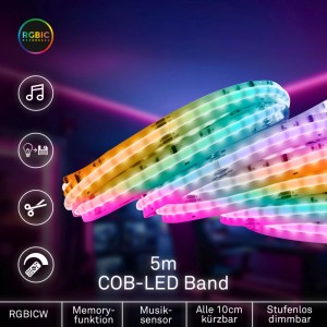 Brilo RGBICW COB LED-Band, 5m, mehrfarbig leuchtend, dimmbar und kürzbar. Ideal für flexible Beleuchtung.