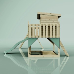 PolarPlay Torre gioco Aksel verde menta: Struttura in legno con scivolo, altalena e casetta per bambini.