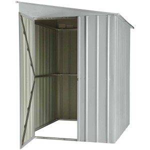 Abri de jardin argenté M-Schuppen 5x8 avec porte coulissante ouverte, en tôle d'acier.