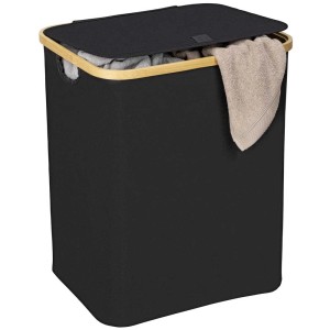 Cesto portabiancheria nero Wenko Uno Ecori con struttura in bambù e coperchio. Contenitore per bagno o camera da letto.