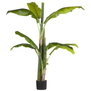 Dettaglio della pianta artificiale Banana Tree, alta 154 cm, in vaso nero. Pianta decorativa da interno.