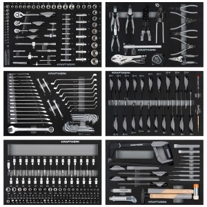 Kraftwerk BT700 : assortiment d'outils de 301 pièces dans des inserts en mousse.