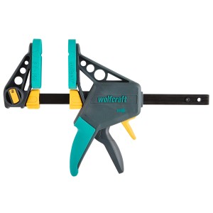 Serre-joint à une main Wolfcraft EHZ Pro 100-150, outil de serrage avec poignée gris-turquoise et détails jaunes.
