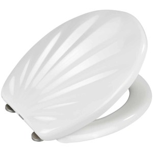 Sedile WC Wenko a forma di conchiglia bianco in duroplast con chiusura ammortizzata.