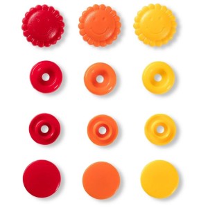 Bottoni a pressione a forma di fiore Prym Color Snaps, plastica, Ø 13,6 mm, 21 pezzi nei toni del giallo, rosso e arancione.