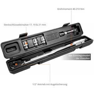 Clé dynamométrique Güde, jeu de 5 pièces, avec douilles et rallonge dans une boîte de transport.