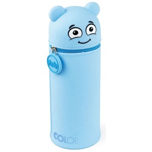 Astuccio blu Marky in silicone con zip e faccina animale.