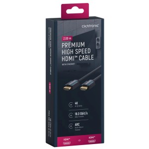 Confezione di un cavo HDMI Highspeed Clicktronic nero con Ethernet, lunghezza 2 m.