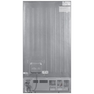 Arrière du réfrigérateur-congélateur Side-by-Side Beko SBS350 argent. Panneau métallique nervuré avec compresseur et câble.