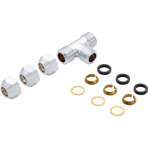 Raccord compression en T Ø 10 mm avec écrous-raccords, joints et bagues d'insertion.