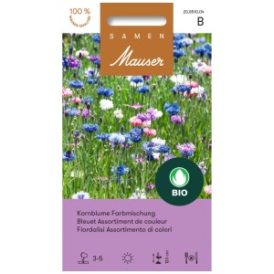 Miscela di semi di fiordaliso biologici in vari colori come blu, rosa e bianco.