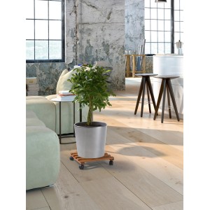 Supporto per piante quadrato in faggio oliato scuro (35x35 cm) con pianta in vaso.