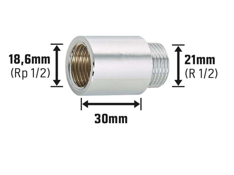 Prolunga rubinetto Cromo 18,6 (Rp 1/2) / 21 mm (R 1/2) / 30 mm