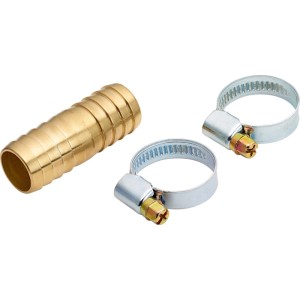 Raccord de tuyau en laiton Ø 19 mm avec deux colliers de serrage pour la réparation de tuyau.