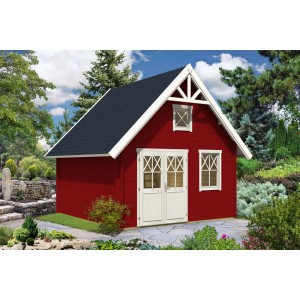 Abri de jardin Alpholz rouge, maison suédoise avec porte et fenêtre blanches dans le jardin.