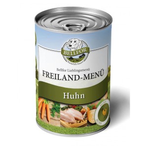 Bellfor Alimento Umido Free-Range Menu Pollo, lattina da 400g per cani. Cibo per cani senza cereali ad alto contenuto di carne.