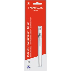 Penna a sfera Caran d'Ache bianca metallizzata in blister rosso. Strumento di scrittura elegante per ufficio e uso quotidiano.