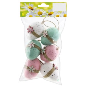 Set colorato di 6 uova di Pasqua in plastica (6 cm) con fiori e nastro di iuta da appendere.