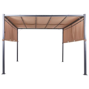 Beliani Pergola Parga: schwarzer Stahlrahmen, braune, verschiebbare Polyester-Überdachung. Moderne Gartenpergola mit UV-Schutz.