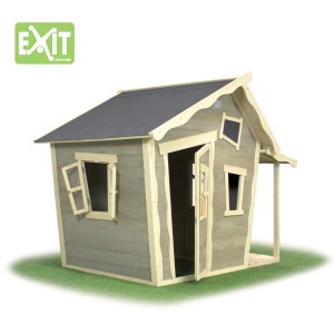 EXIT Crooky 150 cabane en bois gris-beige avec véranda et toit étanche.