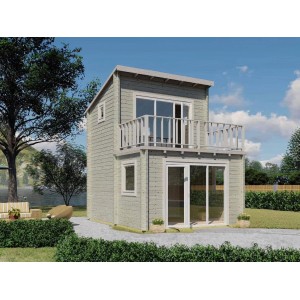Abri de jardin Alpholz Manhattan marron clair avec toit plat et balcon.