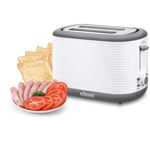 Koenig Toaster Stripes, weiß glänzend, mit Brot, Wurst und Tomaten auf einem Teller.