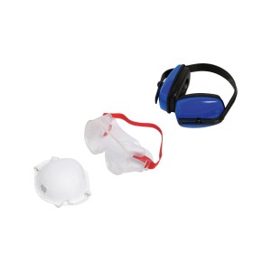 Kit de sécurité LUX 3 pièces : lunettes, protection auditive, masque FFP1 pour une protection optimale.