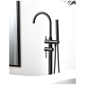 Miscelatore per vasca freestanding Tugela nero opaco con doccetta e design curvo.