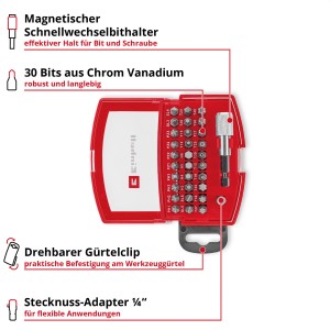 Einhell Jeu de forets, 32 pièces, acier CrV, boîte rouge avec forets, porte-embout et clip de ceinture.