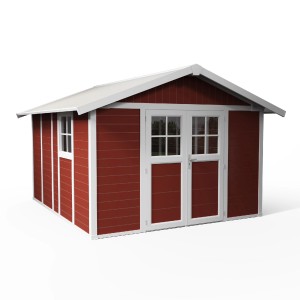 Casetta da giardino in plastica rossa Grosfillex Deco H 11 con doppia porta e finestra.
