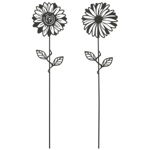 Zwei schwarze Mica Decorations Gartenstecker Blumen, 92 cm hoch, aus Metall.