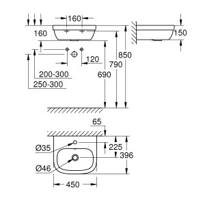 Disegno tecnico del lavabo Grohe Euro Keramik, dimensioni e dettagli per l'installazione.