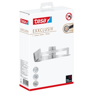 Emballage de l'étagère d'angle de douche Tesa Exxclusiv en acier inoxydable. Étagère de douche pour montage mural sans perçage.