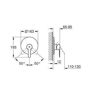 Disegno tecnico: Miscelatore monocomando per doccia Grohe Lineare in cromo con dimensioni.
